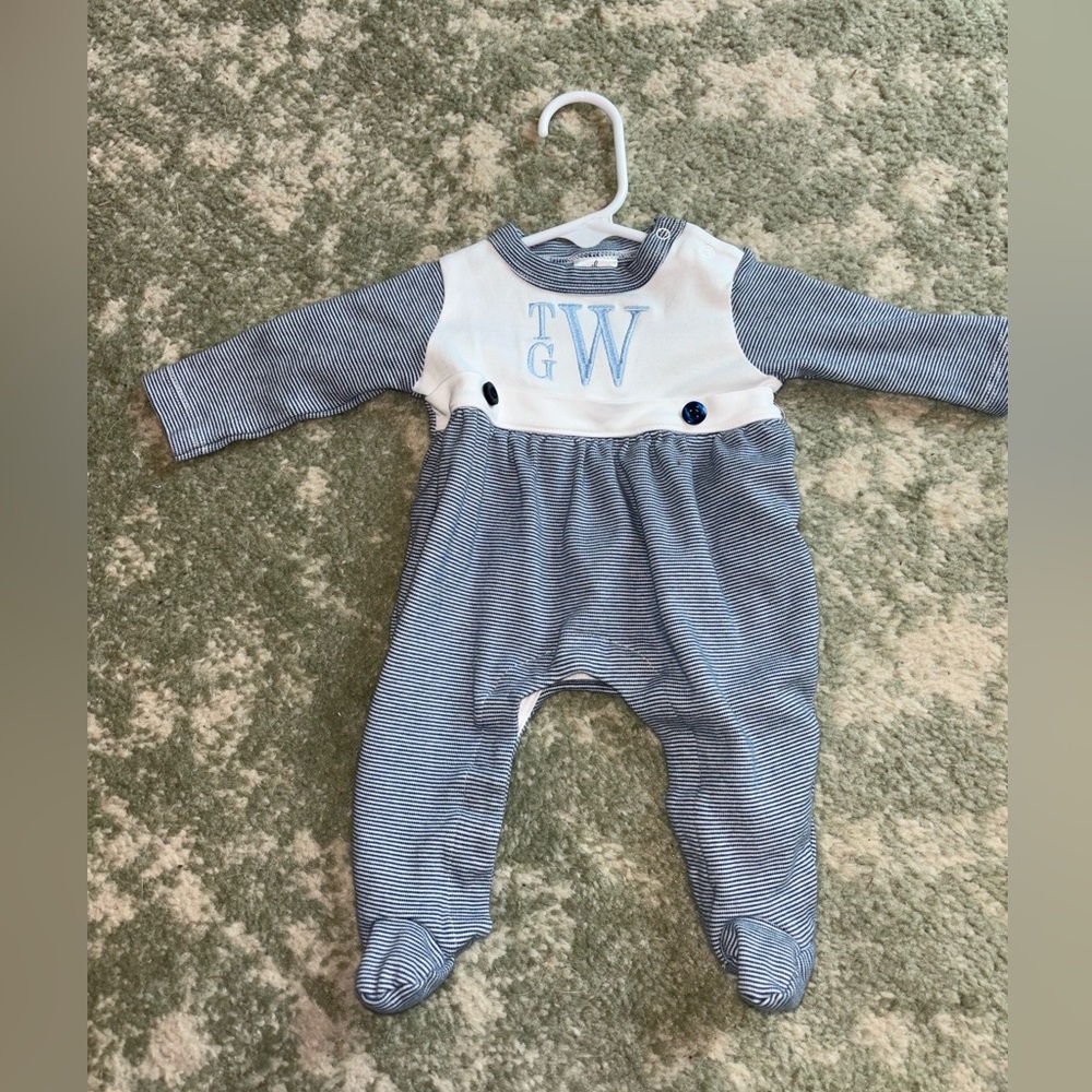 Newborn navy striped footie monogrammed TGW
